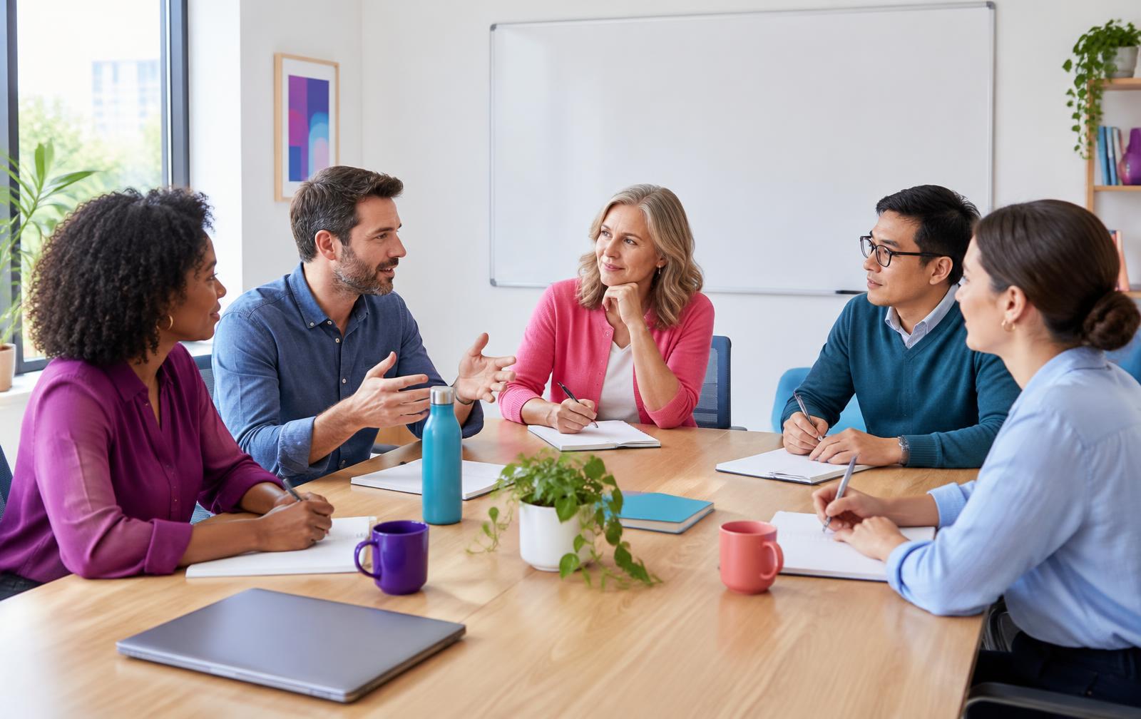 Equipo de trabajo colaborando en la planificación de tareas, el liderazgo y la resolución de problemas en una reunión de equipo